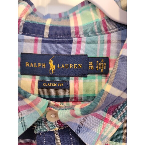 Ralph Lauren Classic Fit Button Down Dress Shirt XL Plaid Red Blue Flesh Pony - Picture 9 of 12